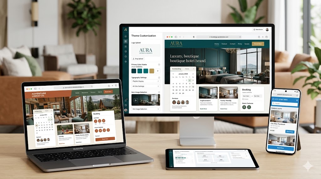 Booking engine customization panel showing custom colors, logo and domain settings