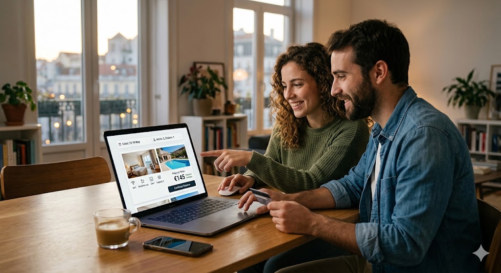 Guest booking page showing date picker, room search and real-time availability