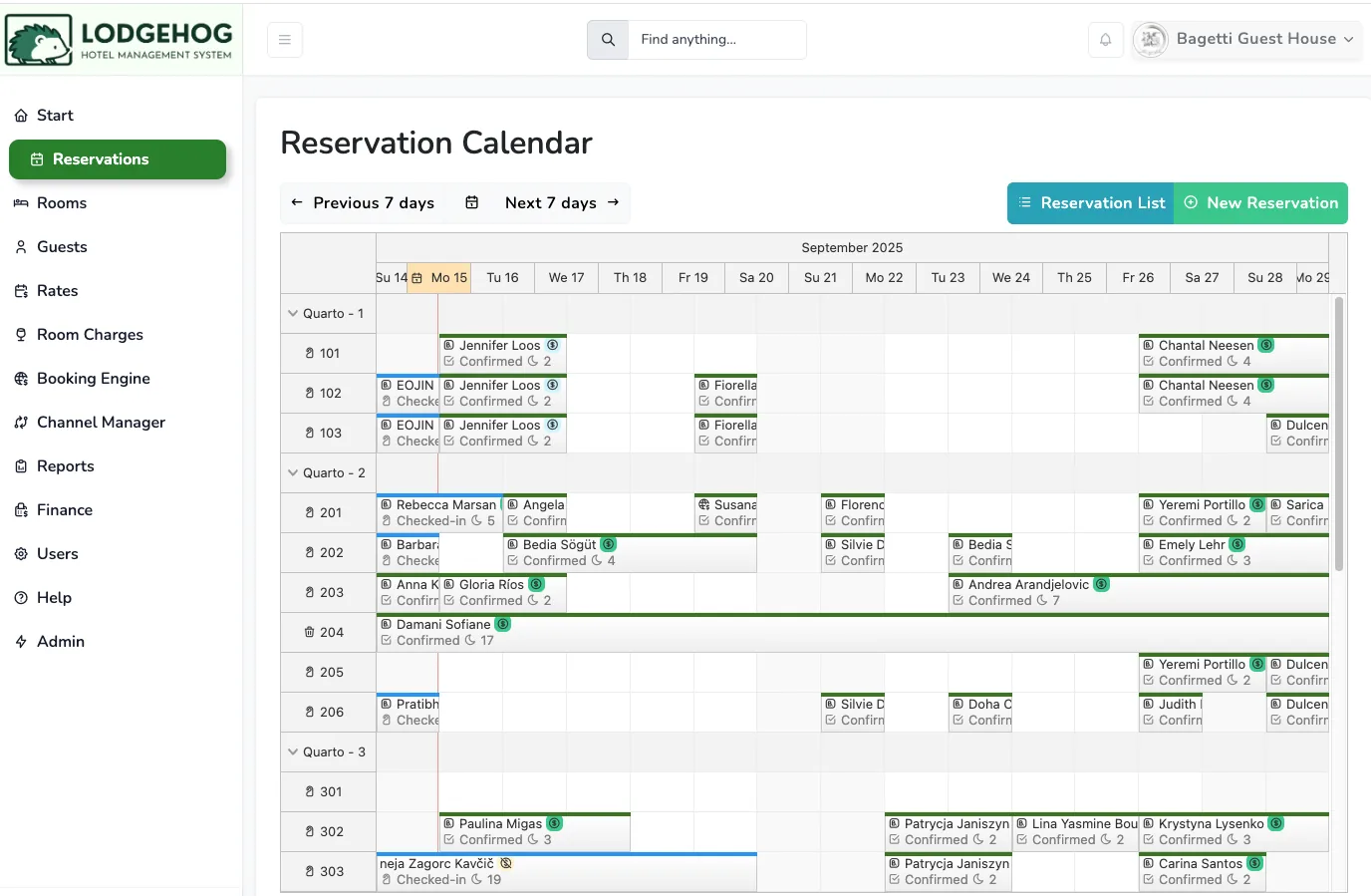 LodgeHog PMS reservation calendar showing upcoming guest bookings